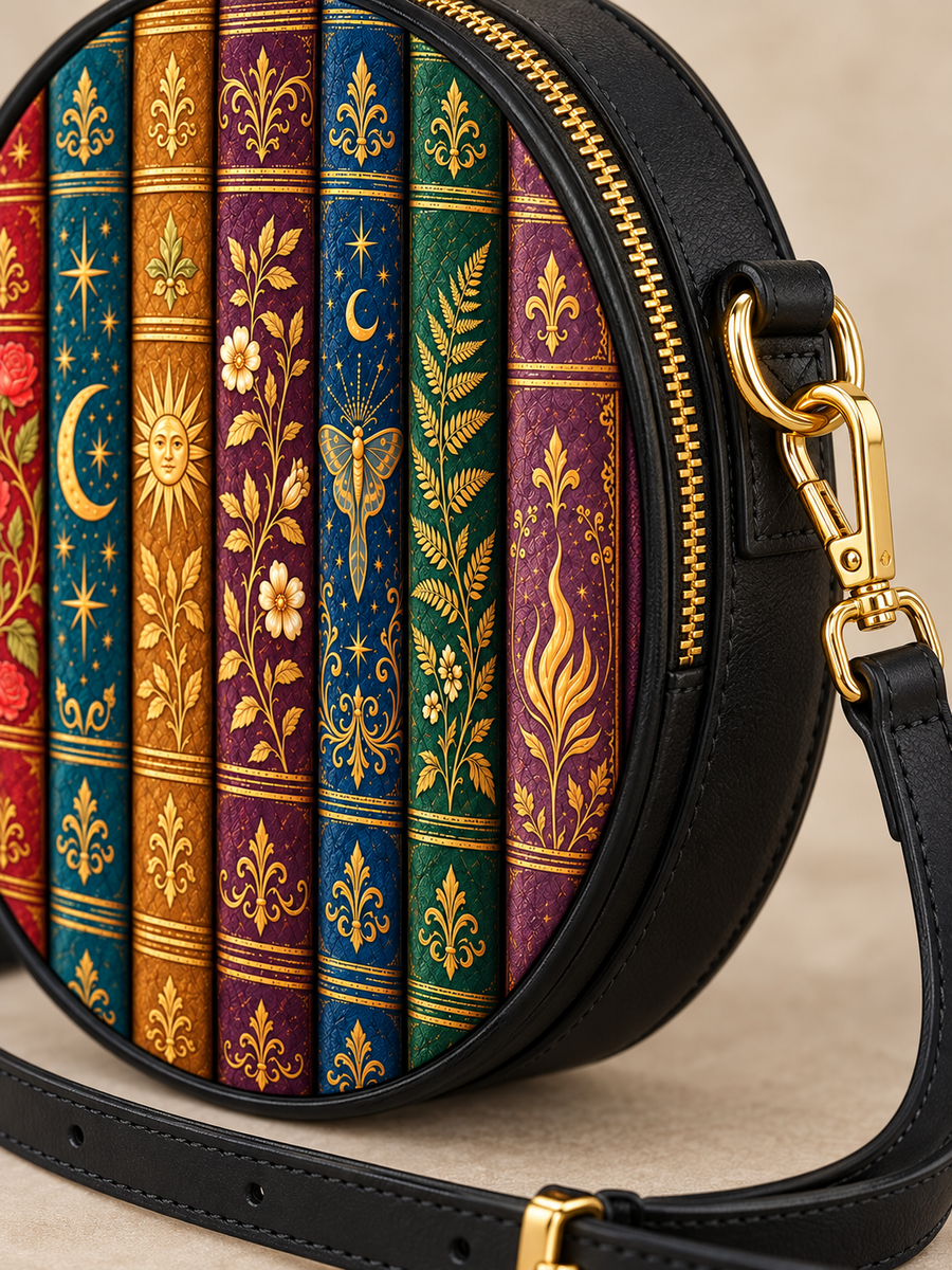 "The Gilded Shelf" Book Spines Circle Crossbody Bag