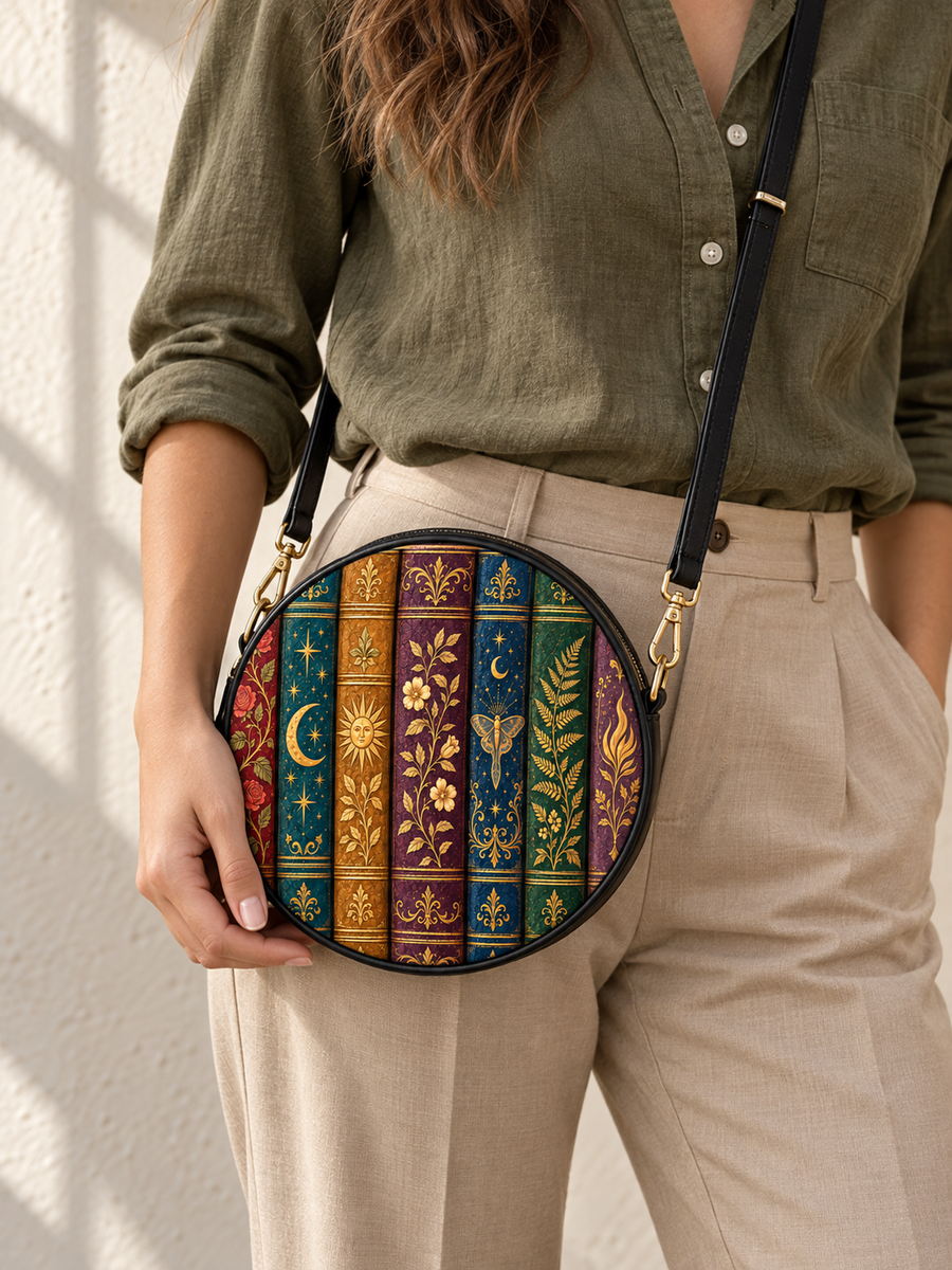 "The Gilded Shelf" Book Spines Circle Crossbody Bag