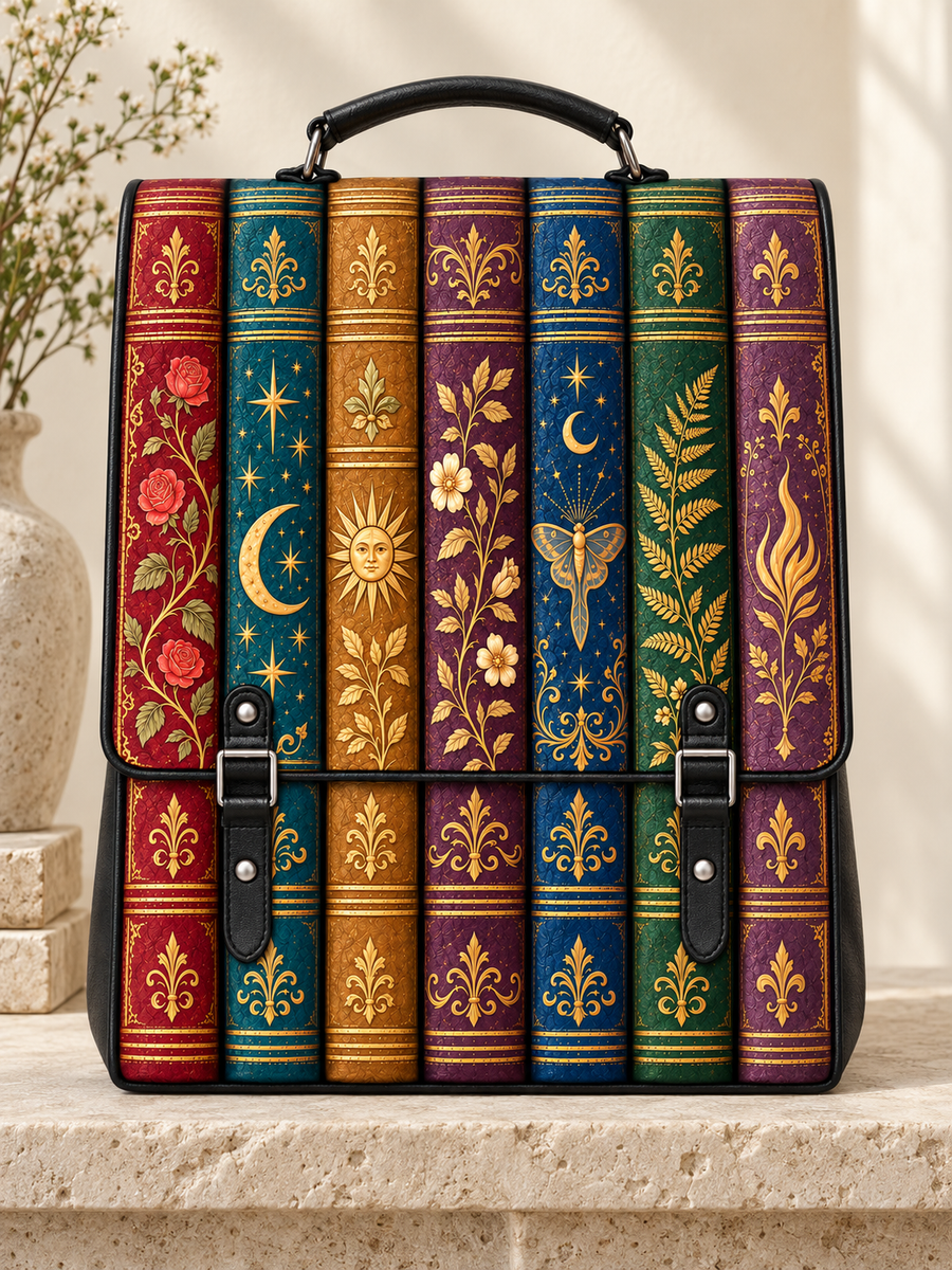 "The Gilded Shelf" Book Spines Leather Backpack