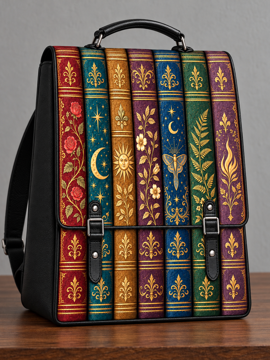 "The Gilded Shelf" Book Spines Leather Backpack