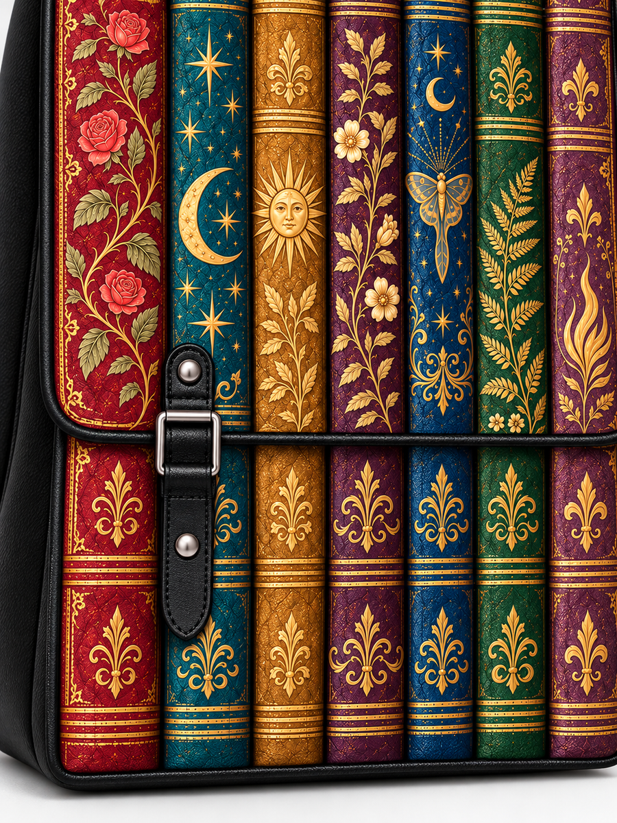 "The Gilded Shelf" Book Spines Leather Backpack