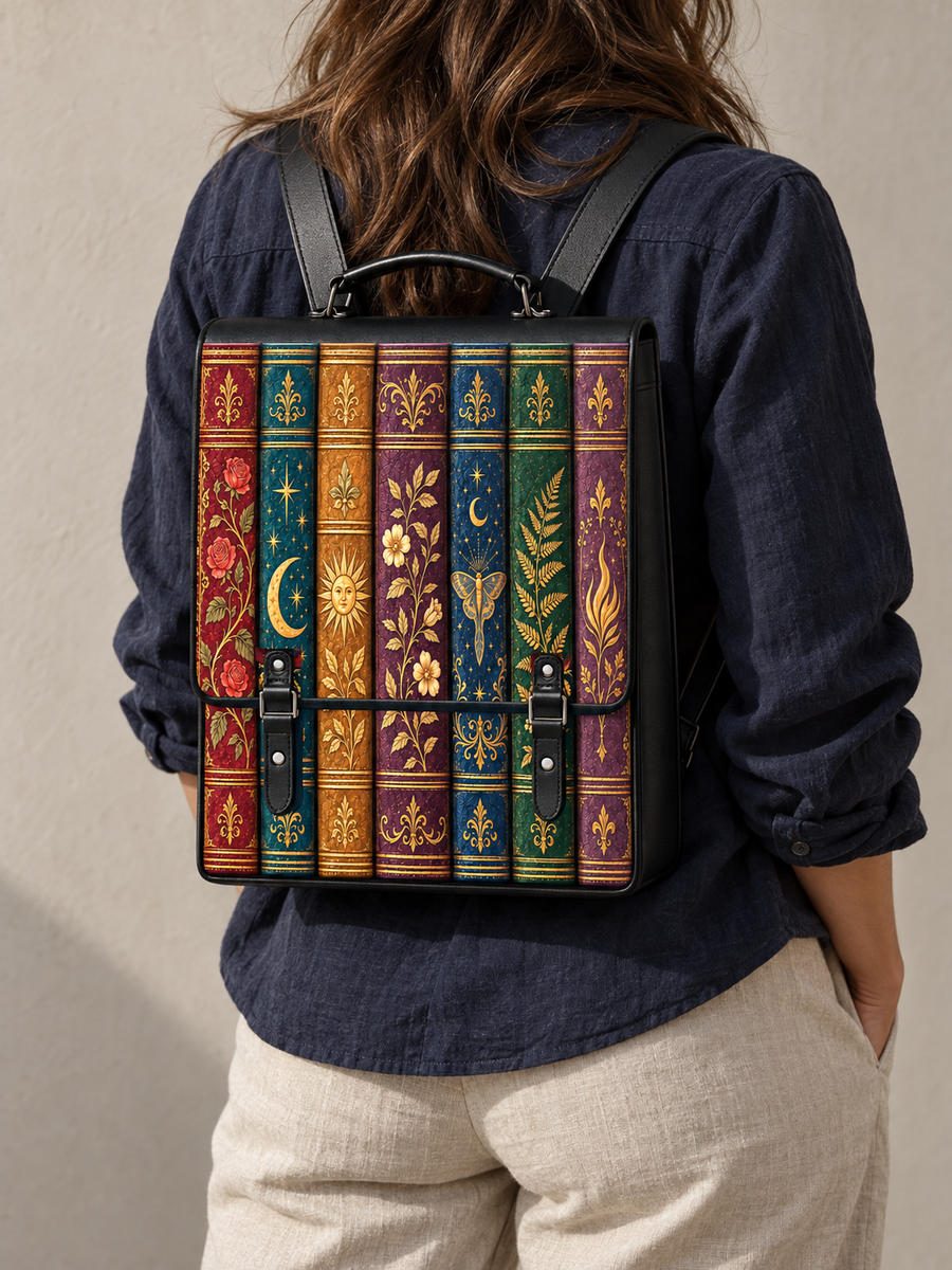 "The Gilded Shelf" Book Spines Leather Backpack