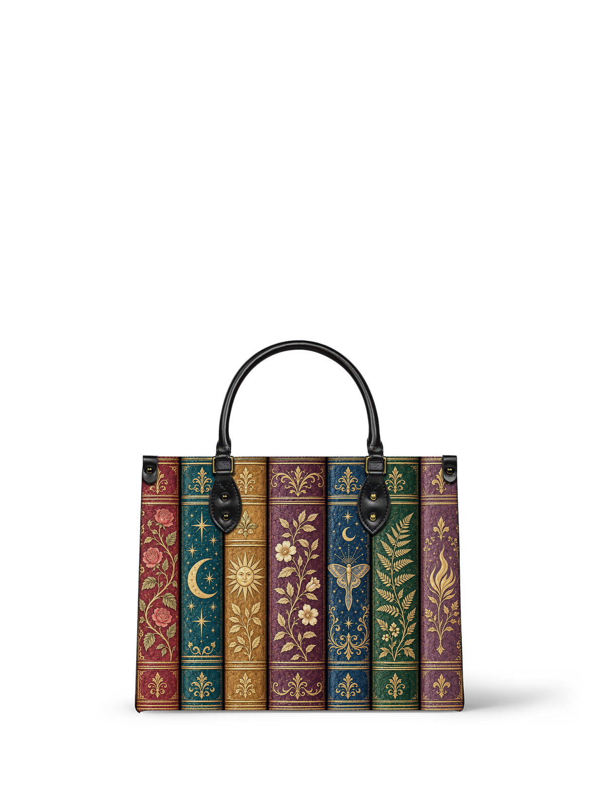 "The Gilded Shelf" Book Spines Leather Handbag