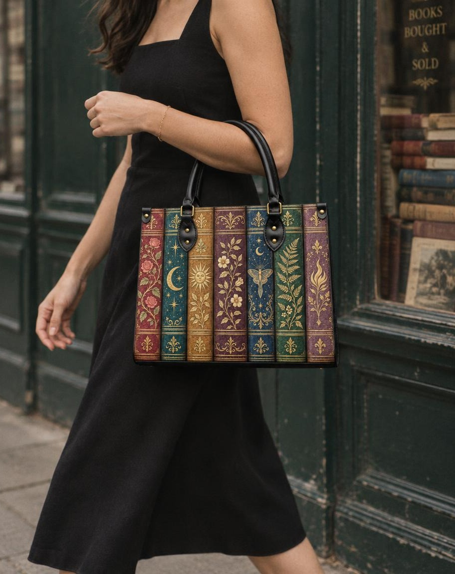 "The Gilded Shelf" Book Spines Leather Handbag