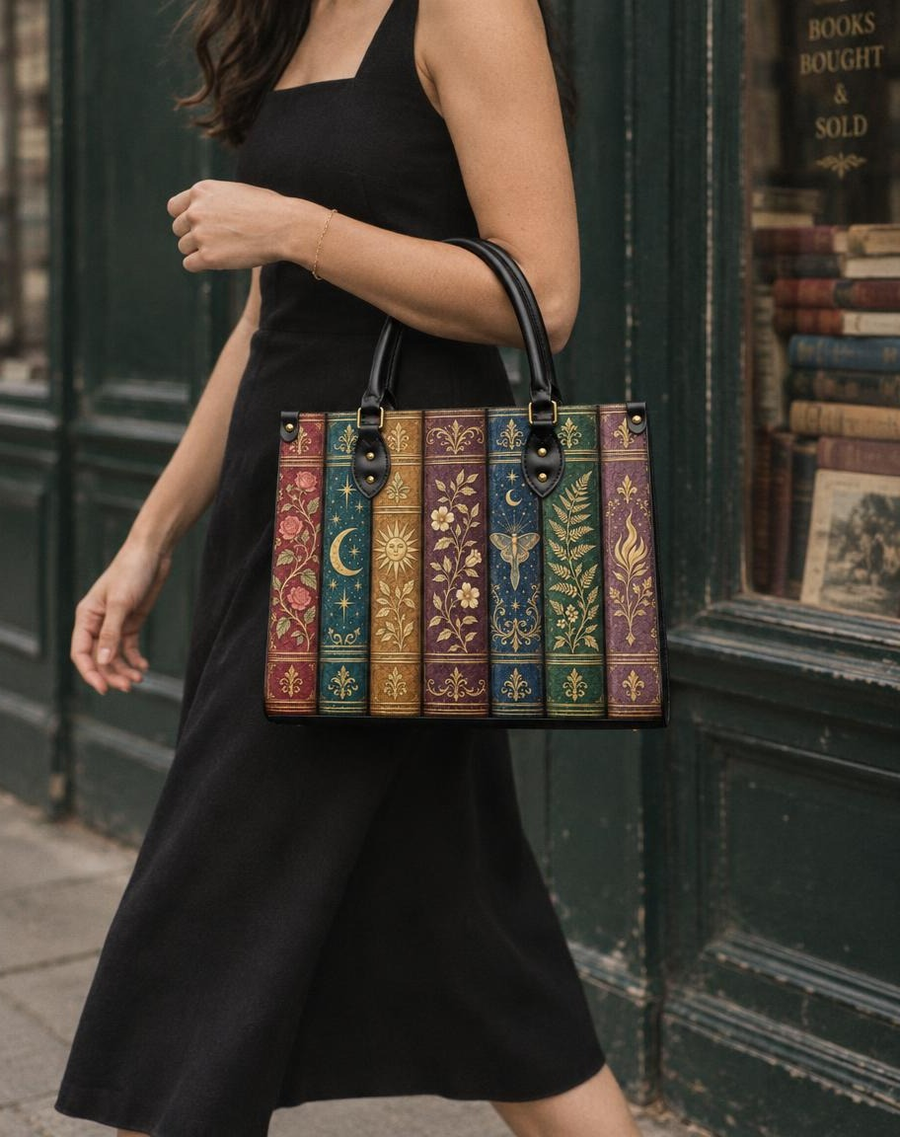 "The Gilded Shelf" Book Spines Leather Handbag