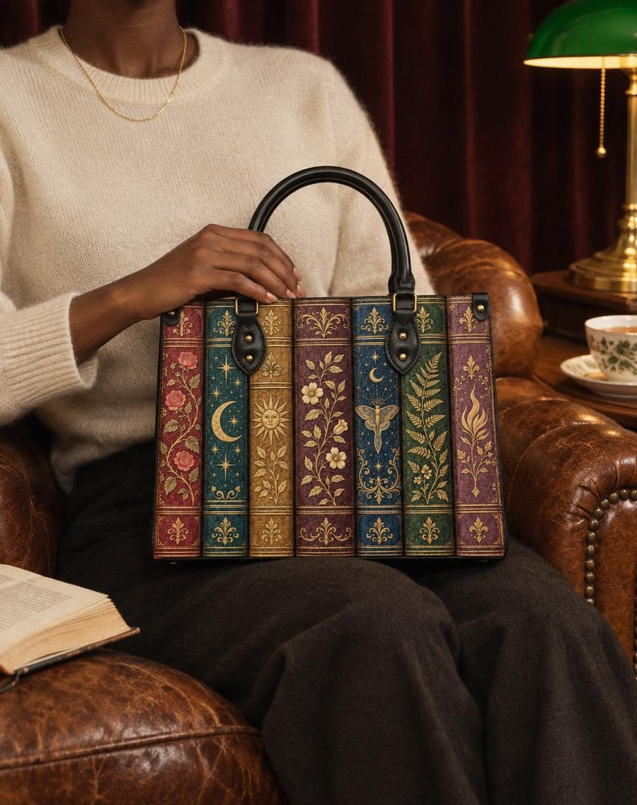 "The Gilded Shelf" Book Spines Leather Handbag