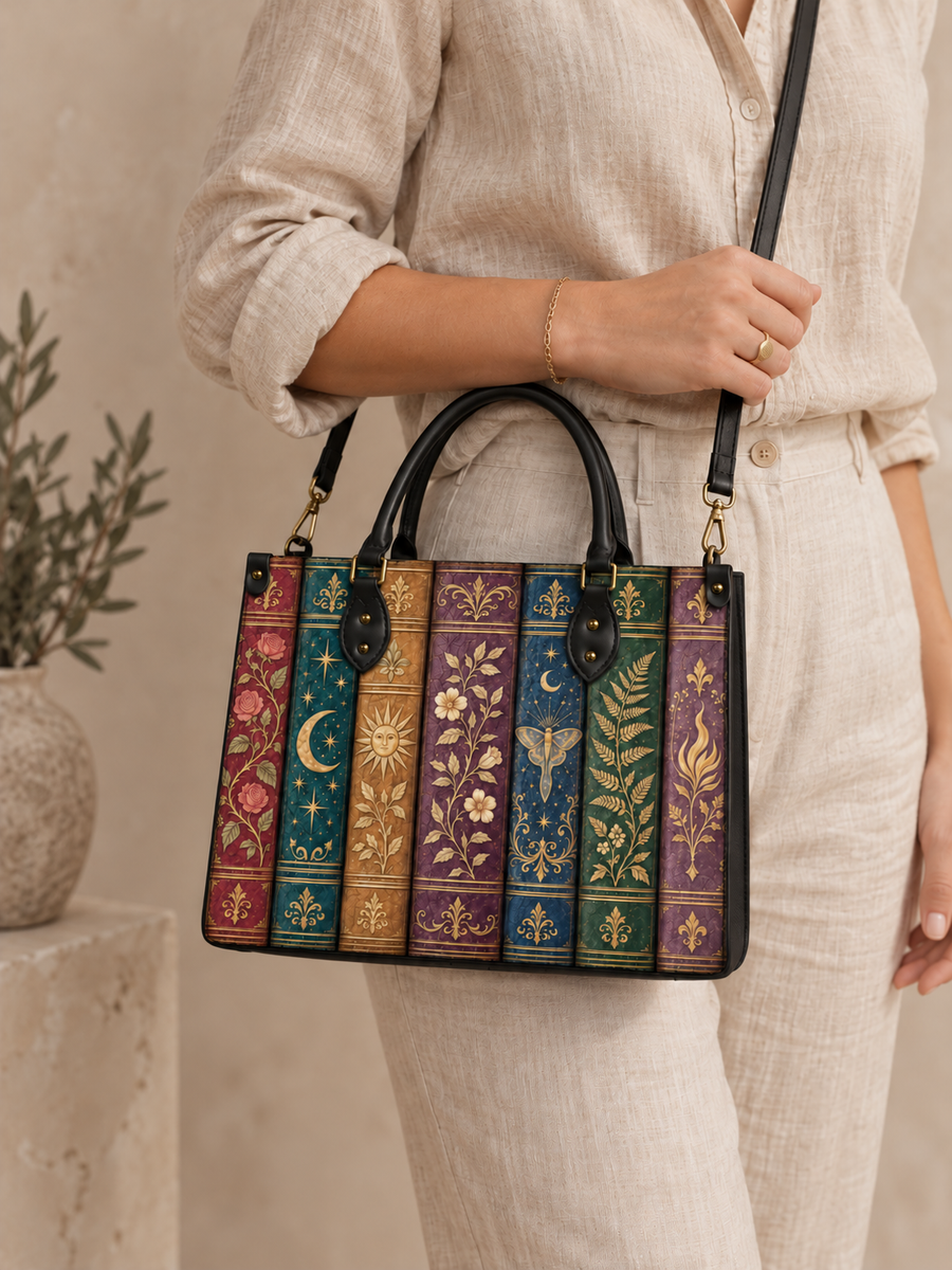 "The Gilded Shelf" Book Spines Leather Handbag