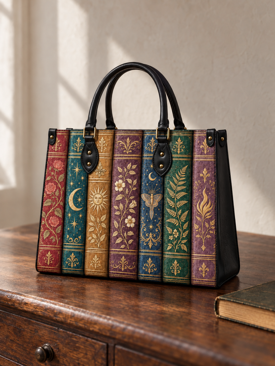 "The Gilded Shelf" Book Spines Leather Handbag