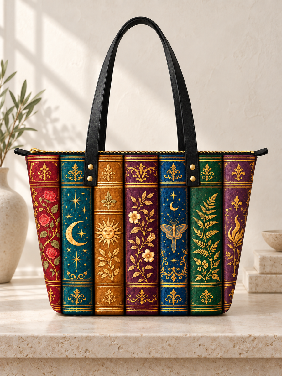 "The Gilded Shelf" Book Spines Leather Tote Bag