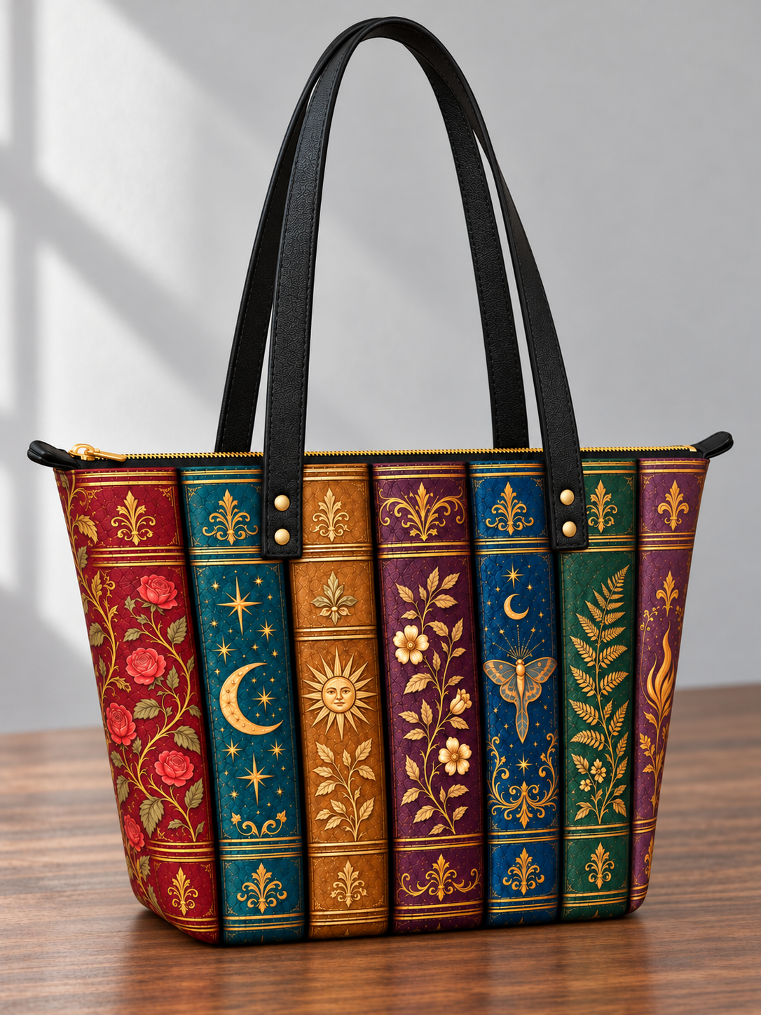 "The Gilded Shelf" Book Spines Leather Tote Bag