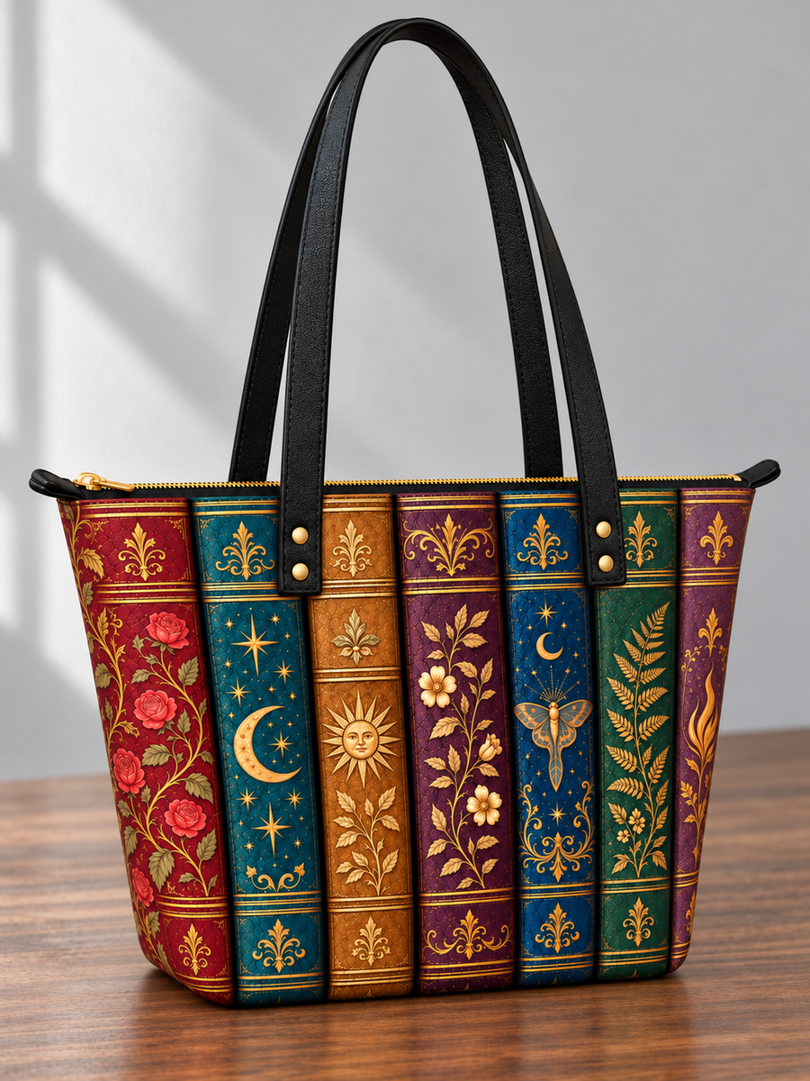 "The Gilded Shelf" Book Spines Leather Tote Bag