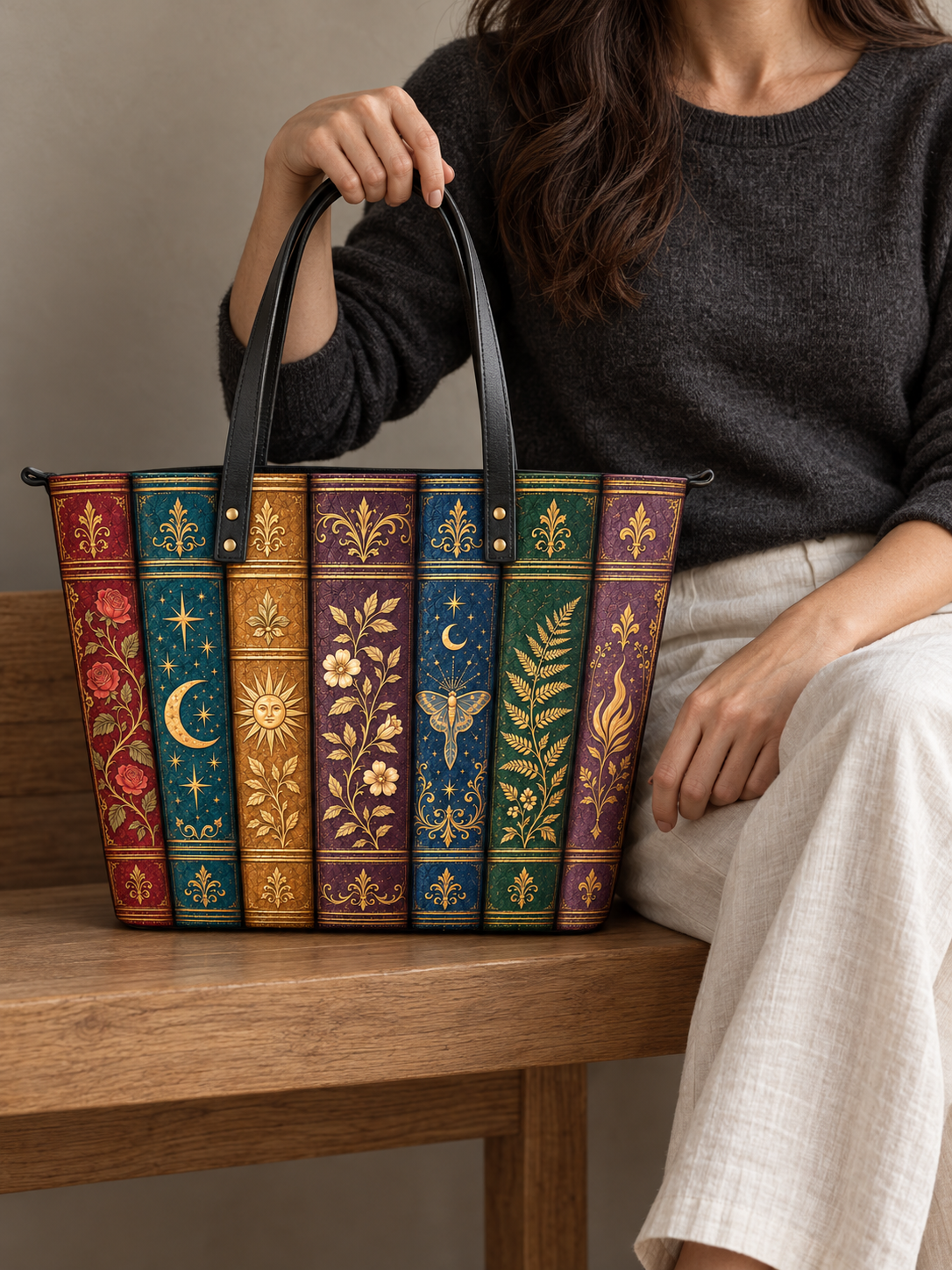"The Gilded Shelf" Book Spines Leather Tote Bag