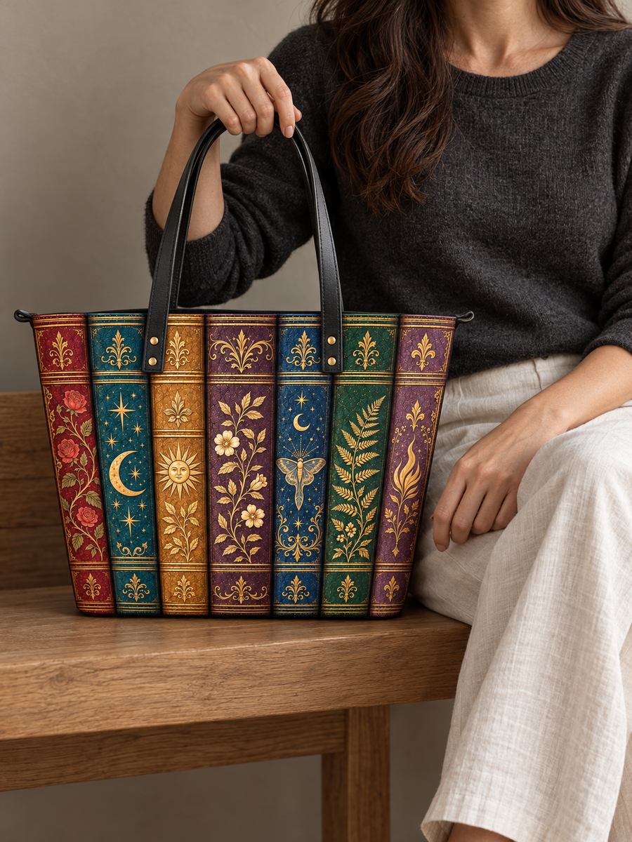 "The Gilded Shelf" Book Spines Leather Tote Bag