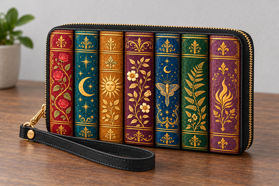 "The Gilded Shelf" Book Spines Long Wallet