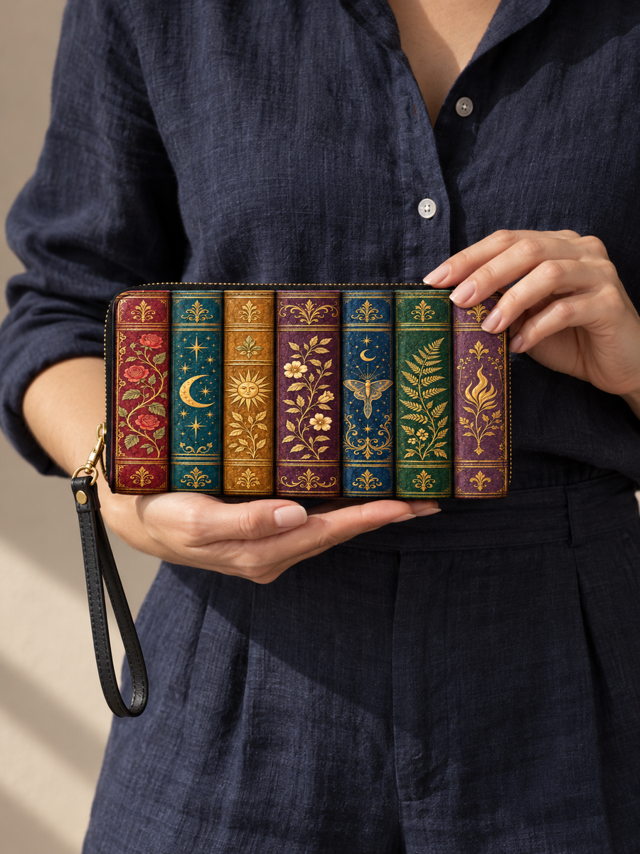 "The Gilded Shelf" Book Spines Long Wallet