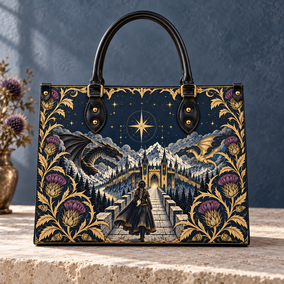"The Parapet" Starlit Dragons Leather Handbag