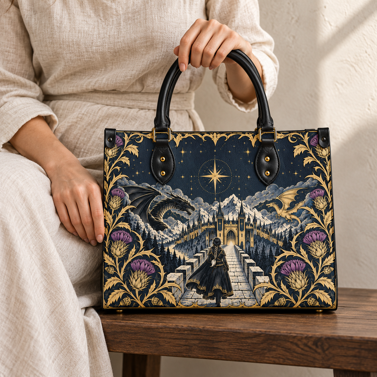 "The Parapet" Starlit Dragons Leather Handbag