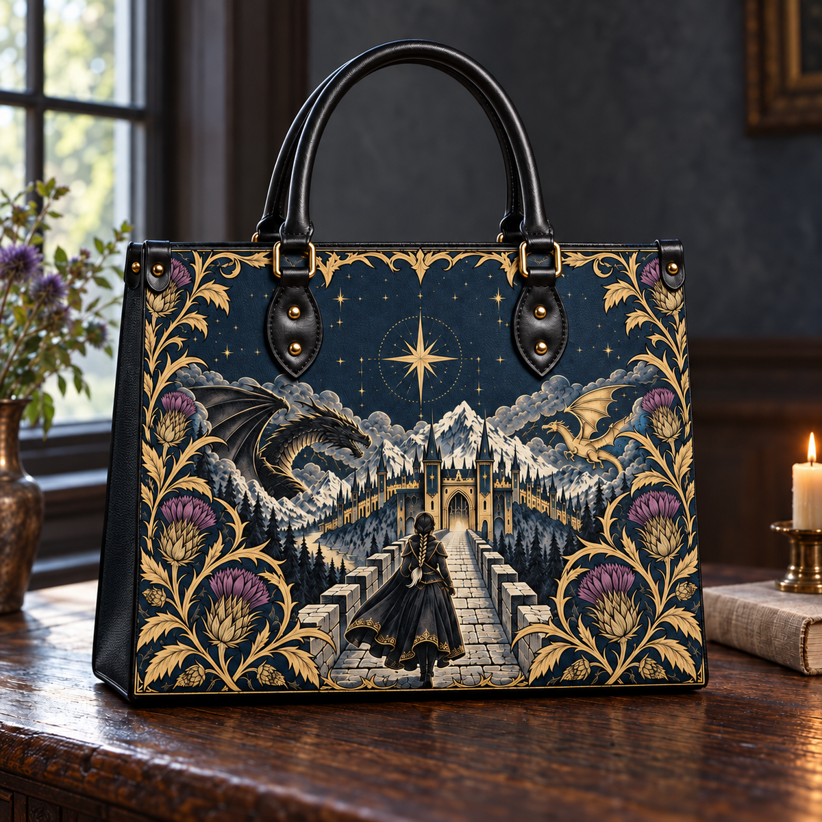 "The Parapet" Starlit Dragons Leather Handbag