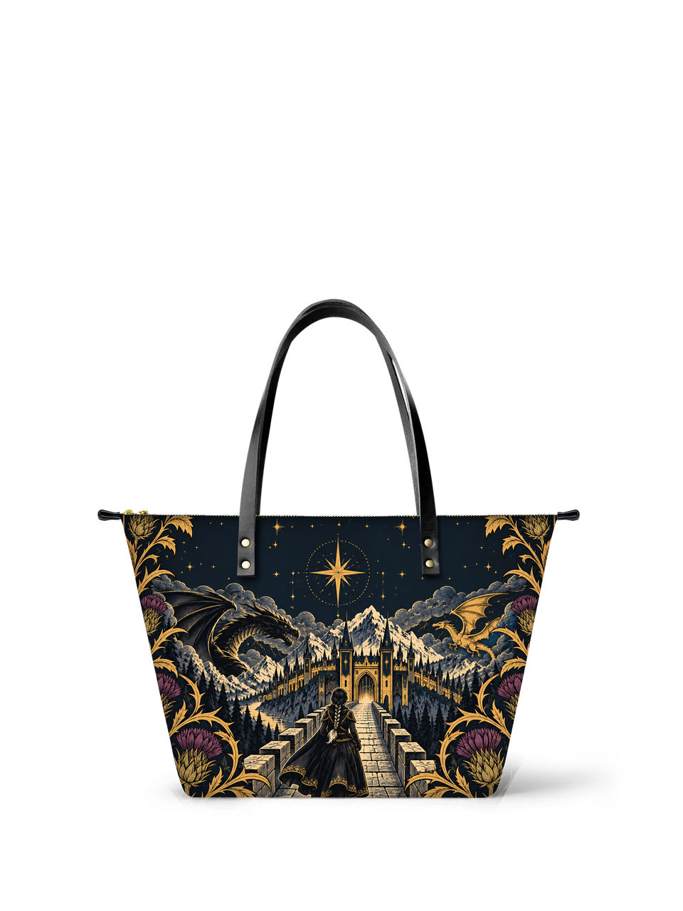 "The Parapet" Starlit Dragons Leather Tote Bag