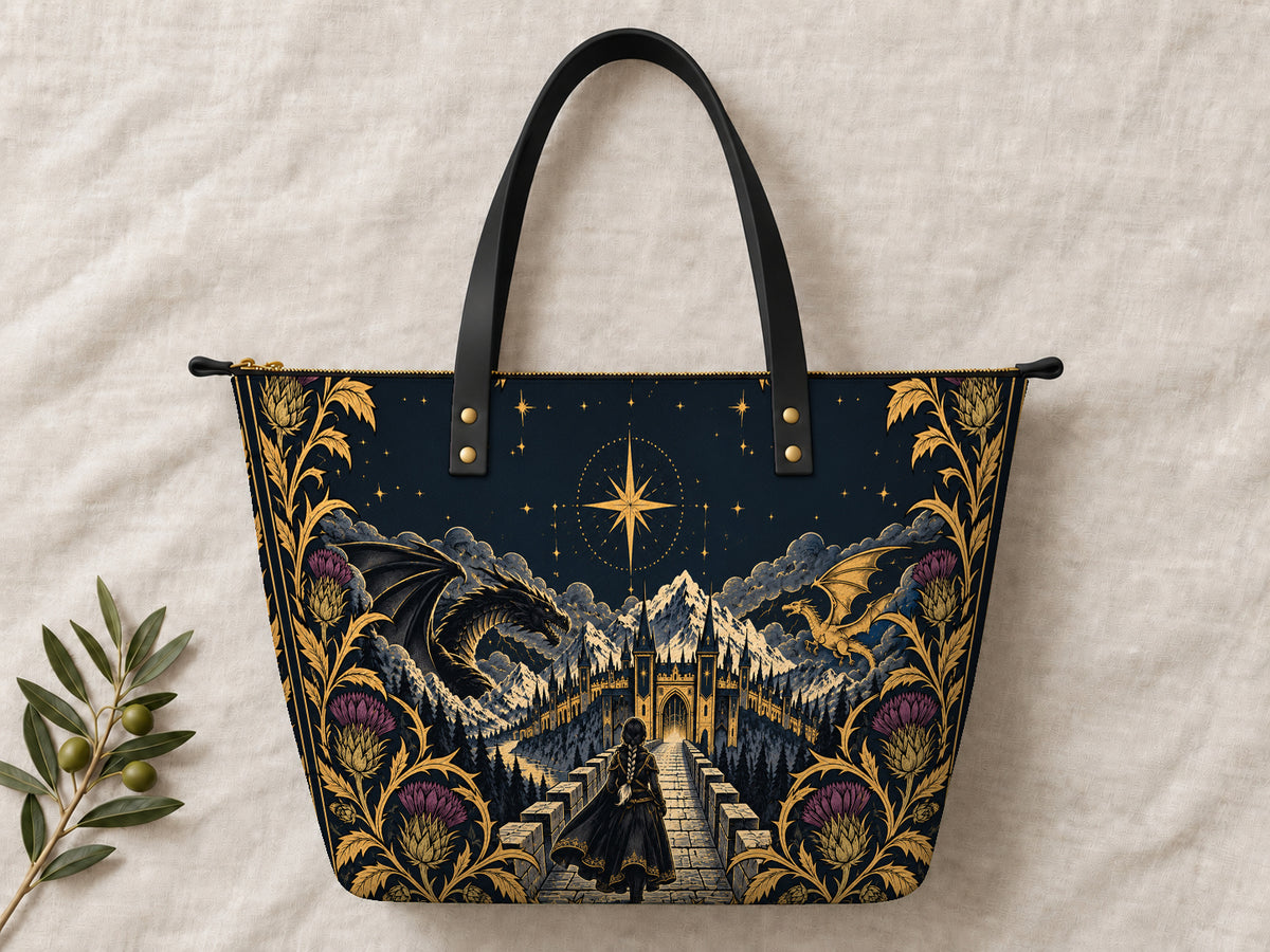 "The Parapet" Starlit Dragons Leather Tote Bag