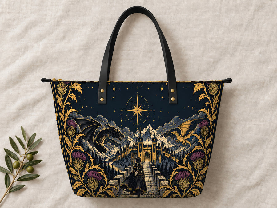 "The Parapet" Starlit Dragons Leather Tote Bag