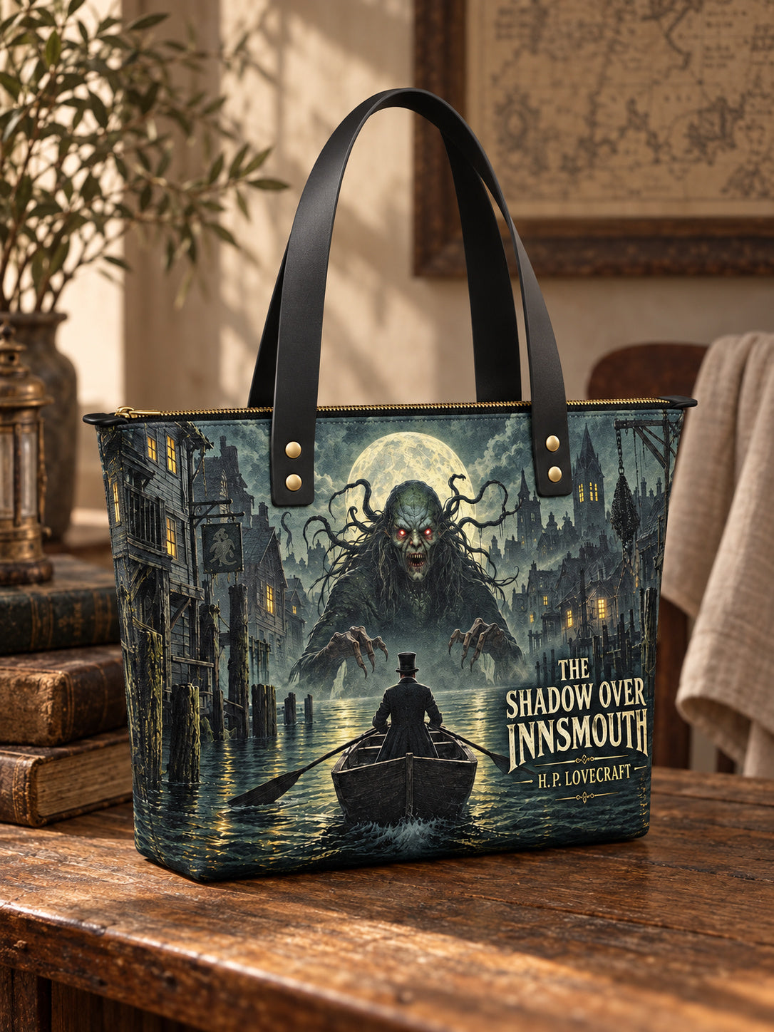 "The Shadow Over Innsmouth" Leather Tote Bag