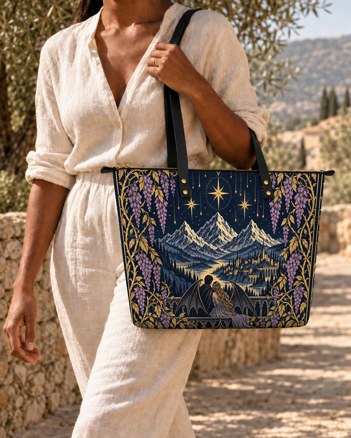 "Wisteria Balcony" Winged Lovers Leather Tote Bag