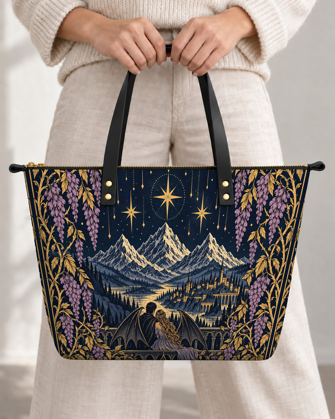 "Wisteria Balcony" Winged Lovers Leather Tote Bag