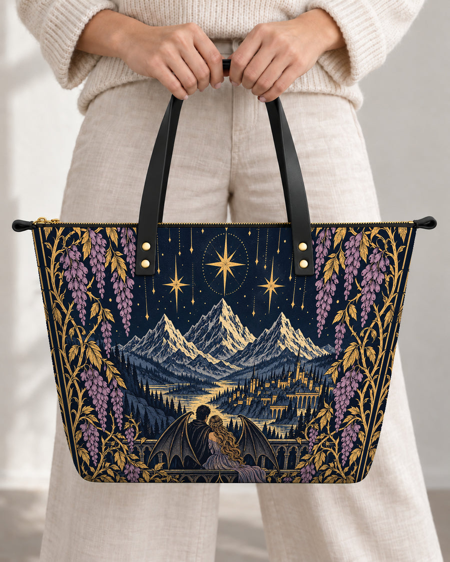 "Wisteria Balcony" Winged Lovers Leather Tote Bag