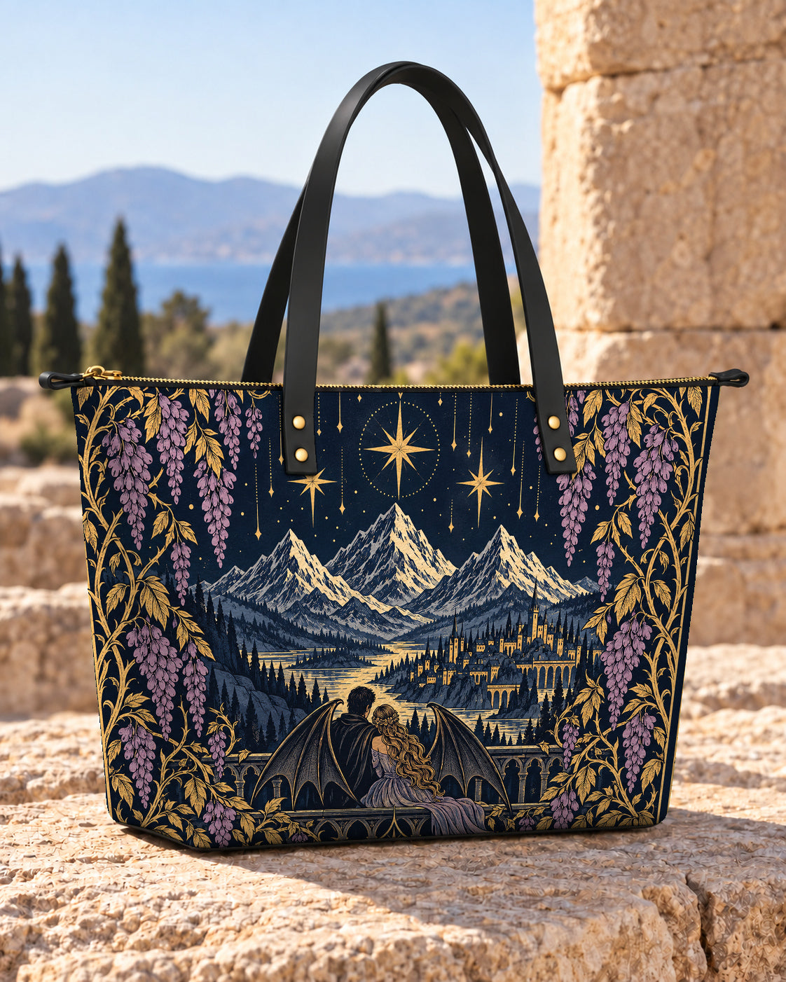 "Wisteria Balcony" Winged Lovers Leather Tote Bag
