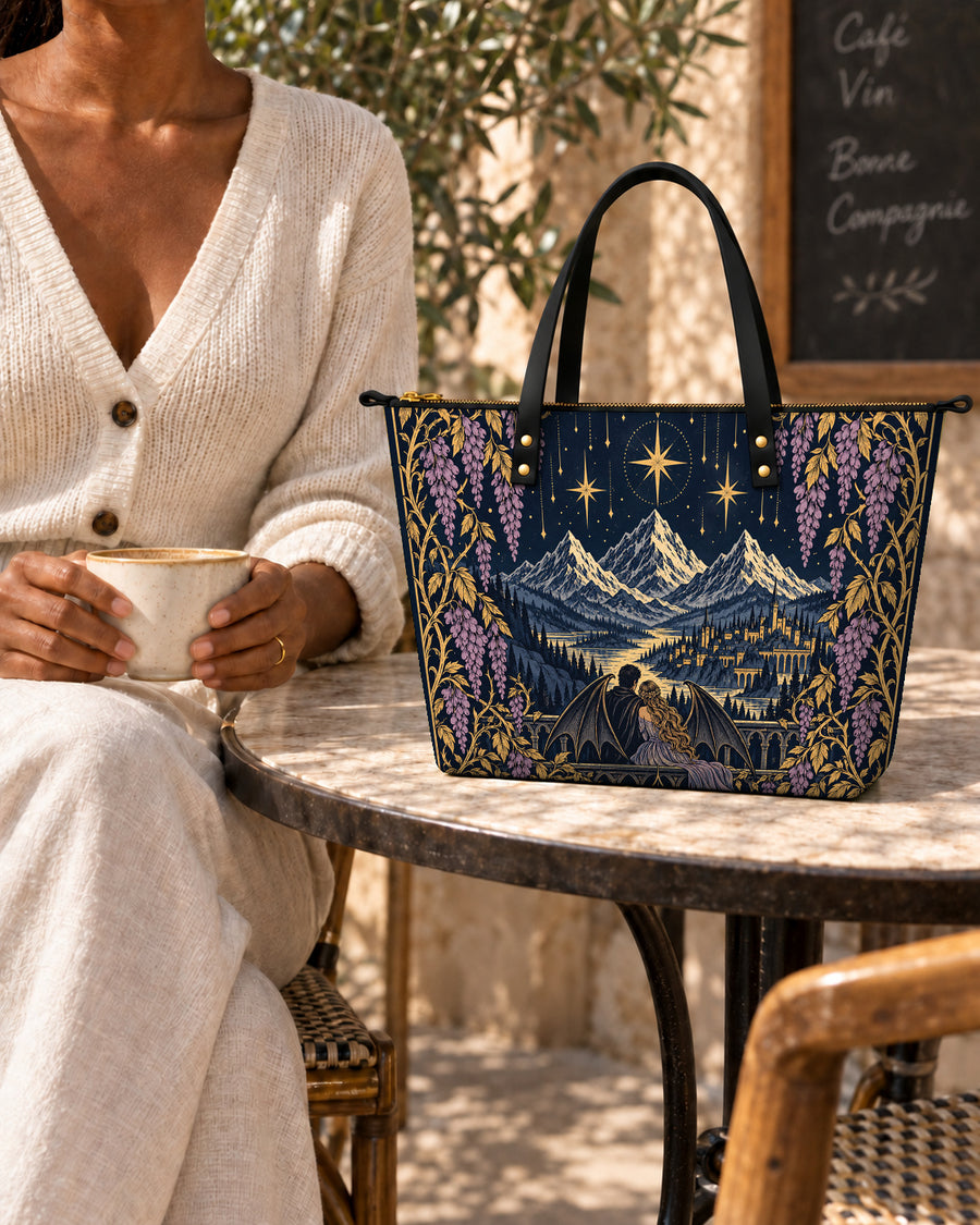 "Wisteria Balcony" Winged Lovers Leather Tote Bag